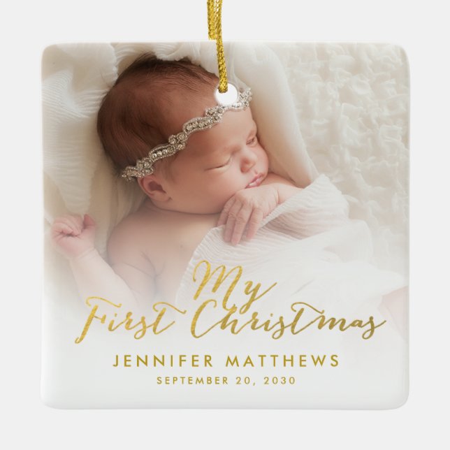 Kundenspezifisches Baby-Mädchen-Goldskript-erstes Keramikornament (Vorderseite)