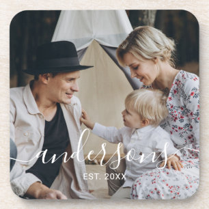 Kundenspezifisches Foto mit Familienname und fests Getränkeuntersetzer