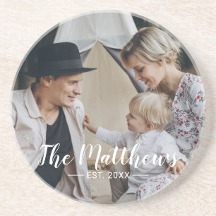 Kundenspezifisches Foto mit Familienname und fests Getränkeuntersetzer