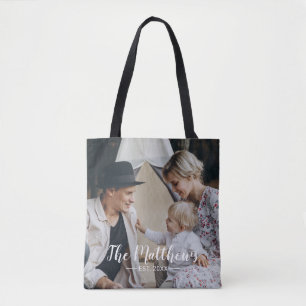 Kundenspezifisches Foto mit Familienname und fests Tasche