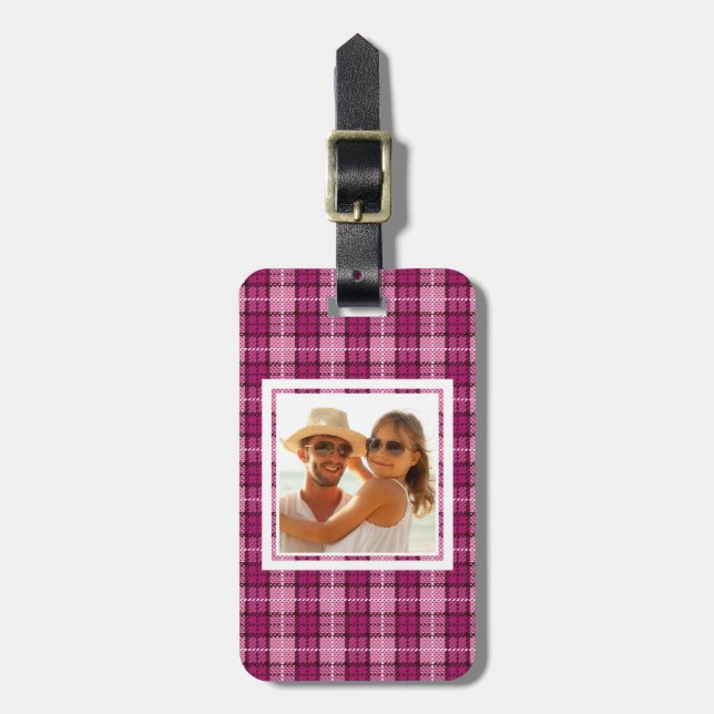Kundenspezifisches Foto-Pixel Plaid_Magenta-Black Gepäckanhänger (Vorderseite vertikal)