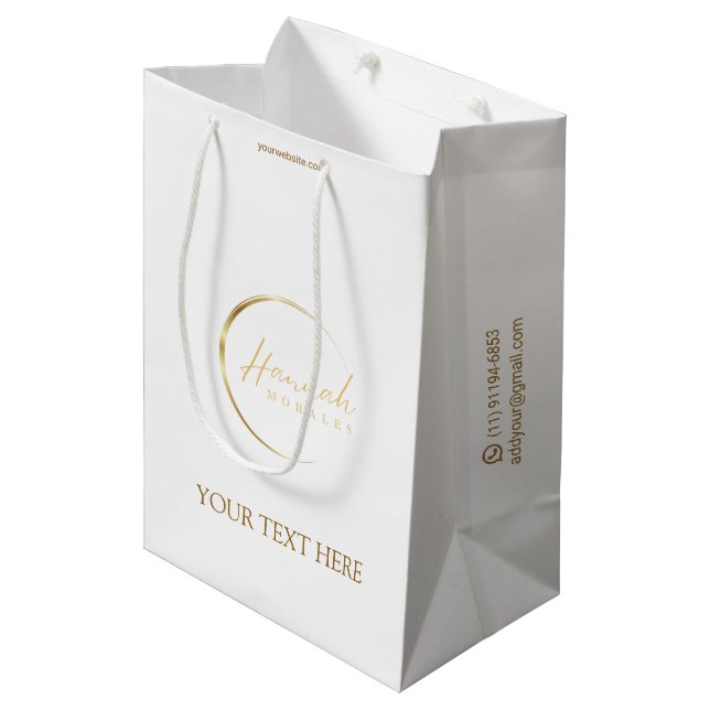 Kundenspezifisches Logo Gold und weißes Chic Mittlere Geschenktüte (Vorderseite Schrägansicht)