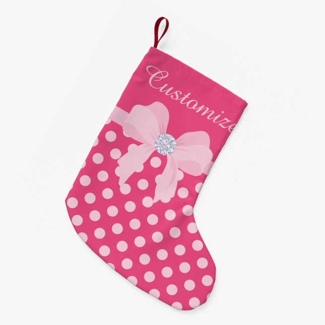 Kundenspezifisches Pink punktierter w/Pink Bogen Kleiner Weihnachtsstrumpf (Vorderansicht (hängend))