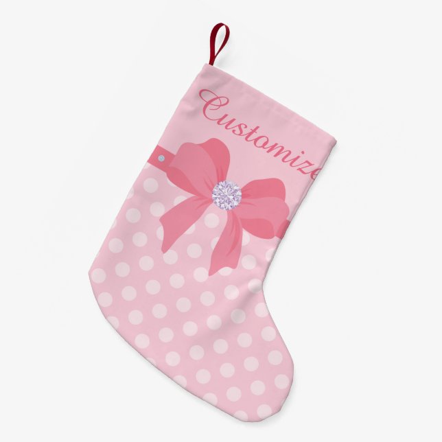 Kundenspezifisches Rosa punktierter w/Pink Bogen Kleiner Weihnachtsstrumpf (Vorderansicht (hängend))