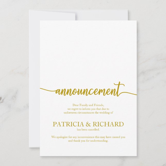 Kündigung storniert Hochzeit Elegantes Gold-Script Einladung (Vorderseite)