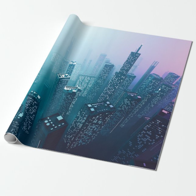 Künftige Innenstadt mit Wolkenkratzern in Neonkym Geschenkpapier (Ungerollt)