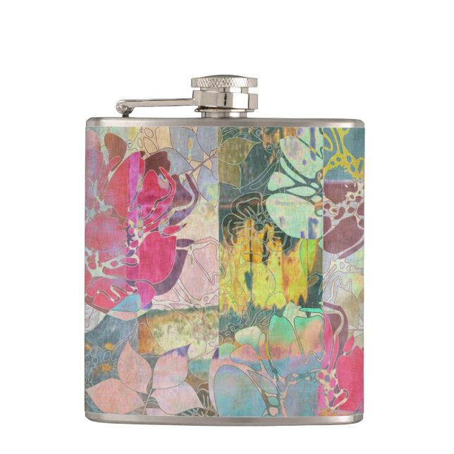 Kunst-Blumen-Grunge-Muster Flachmann (Vorderseite)