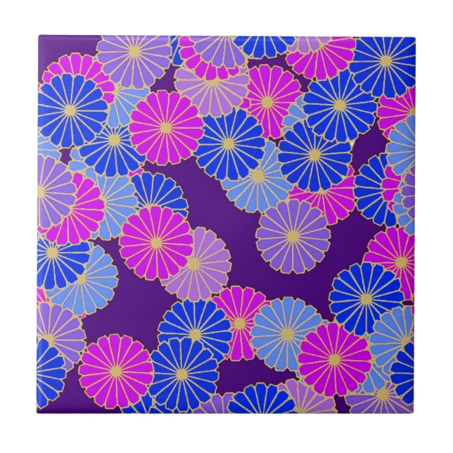 Kunst-Deko-Blumenmuster - violett, blau und lila Fliese (Vorderseite)