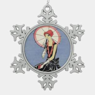 Kunst-Deko-Dame in wenigem schwarzem Kleid Schneeflocken Zinn-Ornament