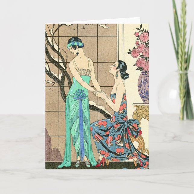 Kunst-Deko-Damen durch die Fenster-Gruß-Karte Karte (Vorderseite)