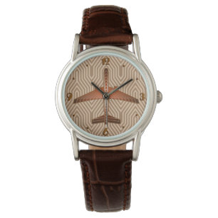 Kunst-Deko-Flugzeug, Bronze, Gold und Rost Brown Armbanduhr