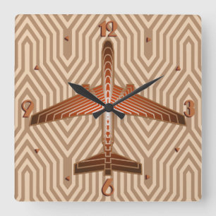 Kunst-Deko-Flugzeug, Bronze, Gold und Rost Brown Quadratische Wanduhr