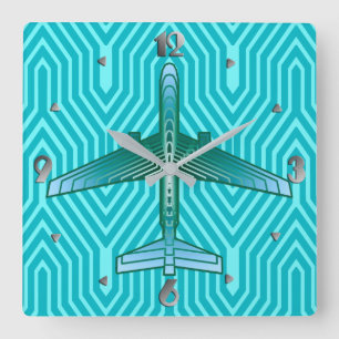 Kunst-Deko-Flugzeug, Türkis, aquamarines und Aqua Quadratische Wanduhr