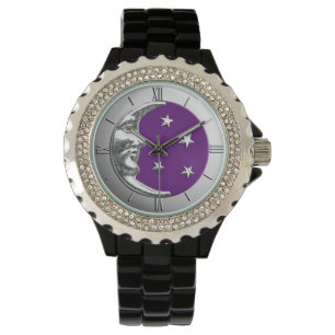 Kunst-Deko-Mond und Sterne - Amethyst Lila u. Armbanduhr