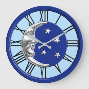 Kunst-Deko-Mond und Sterne - Kobalt-Blau und Große Wanduhr