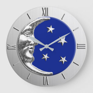 Kunst-Deko-Mond und Sterne - Kobalt-Blau und Große Wanduhr
