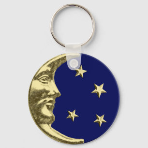 Kunst-Deko-Mond und Sterne - Marine-Blau und Gold Schlüsselanhänger