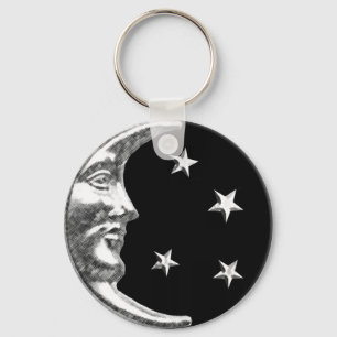 Kunst-Deko-Mond und Sterne - Schwarzes und Silber Schlüsselanhänger