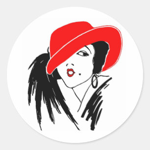Kunst-Deko-schöner Frauen-Rot-Hut Runder Aufkleber