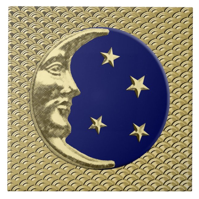 Kunst-Dekomond und -sterne - Marine-Blau und Gold Fliese (Vorderseite)