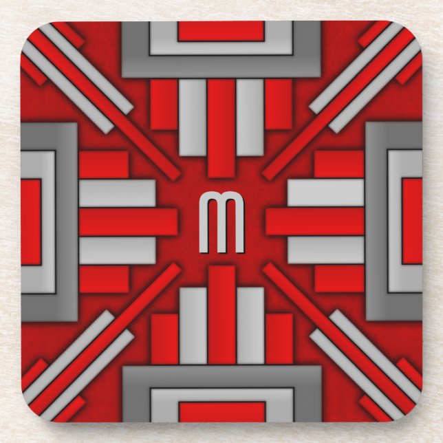 Kunst-Dekozwanziger jahre geometrisches Rot-Graues Untersetzer (Vorderseite)