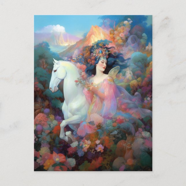 Kunst der Fantasie von Frauen und Weißen Pferden Postkarte (Vorderseite)