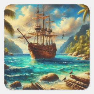 Kunst des karibischen/tropischen Strandschiffes Quadratischer Aufkleber