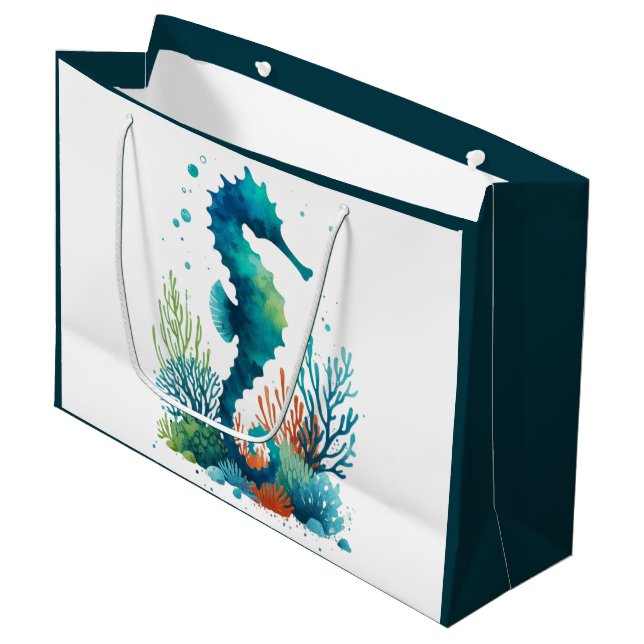 Kunst des nautischen Seepferds/des Strandes/der Kü Große Geschenktüte (Vorderseite Schrägansicht)