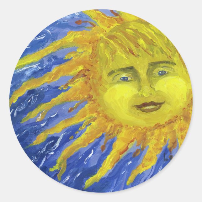 Kunst, leuchtend gelbe Sonne in blauem Himmel Runder Aufkleber (Vorderseite)