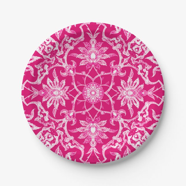 Kunst Nouveau chinesisches Muster - Fuschia Rosa Pappteller (Vorderseite)