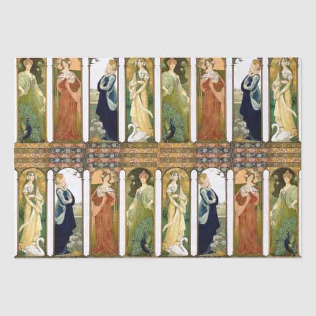 Kunst Nouveau Dame Swan Peacock Dove Flowers Seidenpapier (Vorderseite)
