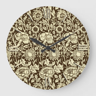 Kunst Nouveau Gartennelken-Damast, Brown und Creme Große Wanduhr