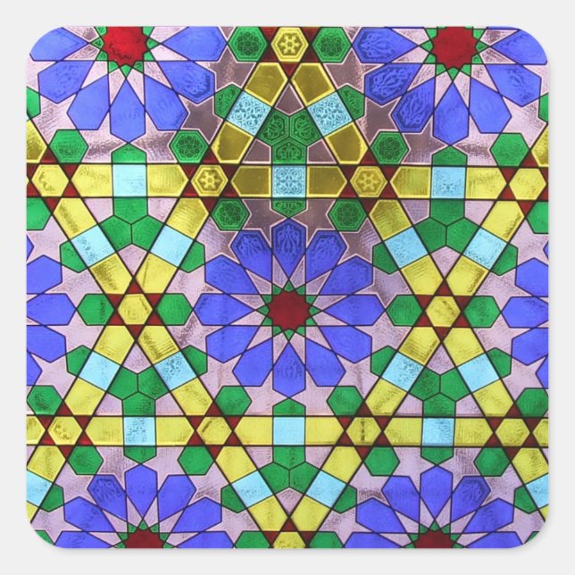 Kunst Nouveau geometrisches Buntglas-Fenster Quadratischer Aufkleber (Vorderseite)