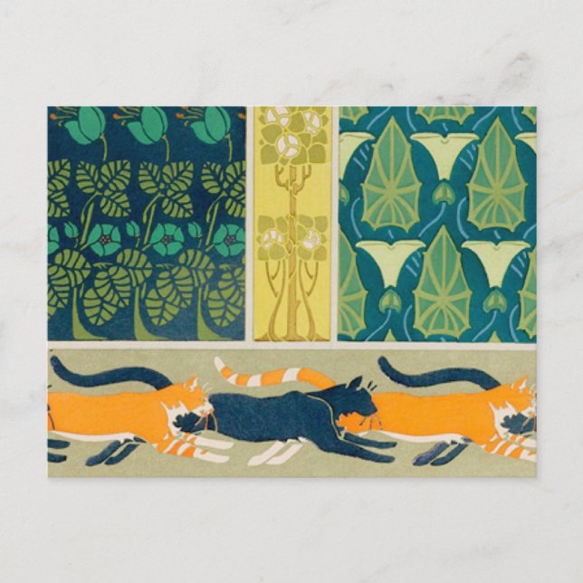 Kunst Nouveau Katzen und Blumen Postkarte (Vorderseite)