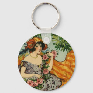 Kunst Nouveau Mädchen mit Blumen Schlüsselanhänger