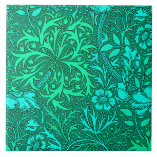 Kunst Nouveau Meerespflanze mit Blumen, Türkis un Fliese