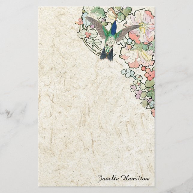 Kunst Nouveau Mucha Blumen-Kolibri-Briefpapier Briefpapier (Vorderseite)