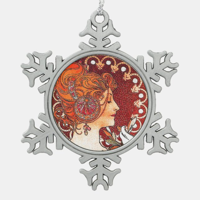 Kunst Nouveau Mucha Dame Snowflake Ornament (Vorderseite)