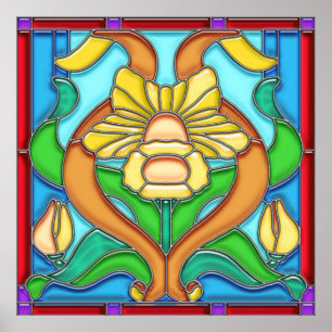Kunst Nouveau Narzissen-Fleck-Glas-Rahmen Poster