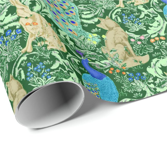 Kunst Nouveau Pfau-Druck, Kobalt-Blau u. Grün Geschenkpapier (Rolleneckpunkt)