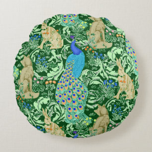 Kunst Nouveau Pfau-Druck, Kobalt-Blau u. Grün Rundes Kissen