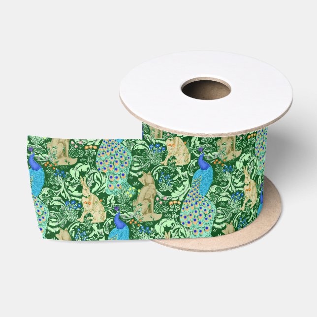 Kunst Nouveau Pfau-Druck, Kobalt-Blau u. Grün Satinband (Spule)