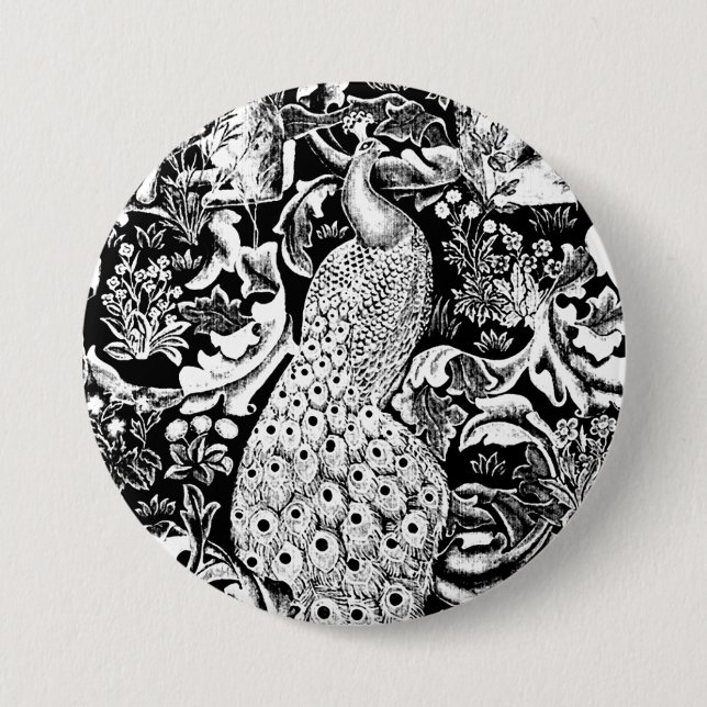 Kunst Nouveau Pfau-Druck, Schwarzweiss Button (Vorderseite)