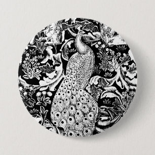 Kunst Nouveau Pfau-Druck, Schwarzweiss Button