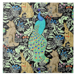 Kunst Nouveau Pfau-Druck, Türkis u. neutrale Fliese
