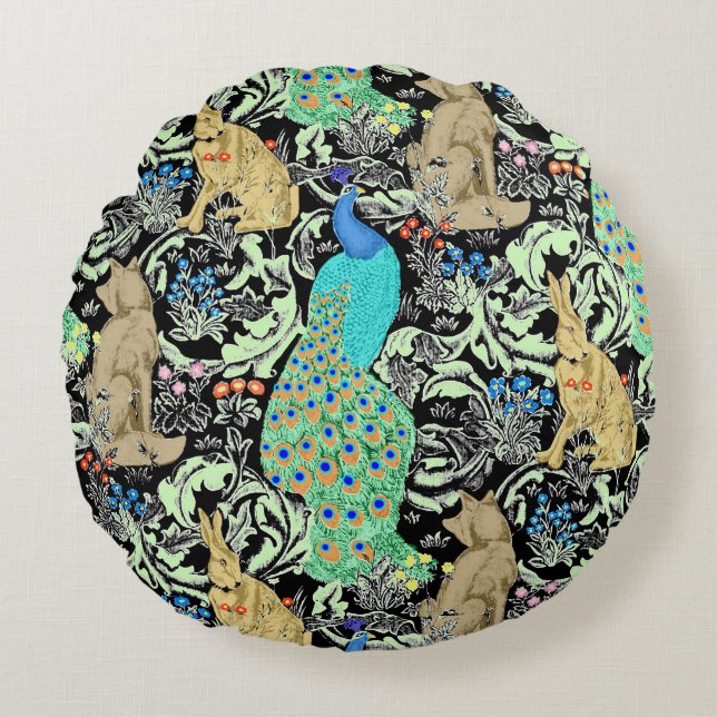 Kunst Nouveau Pfau-Druck, Türkis u. neutrale Rundes Kissen (Vorderseite)