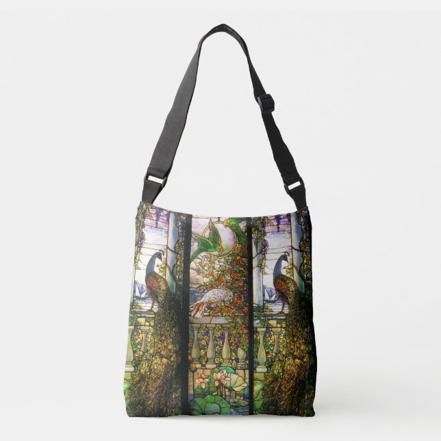 Kunst Nouveau Pfau-Papageien-Vogel-Buntglas Tragetaschen Mit Langen Trägern (Vorderseite)