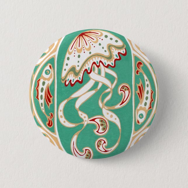 Kunst Nouveau Quallen 3-Zoll-Knopf-Türkisgold Button (Vorderseite)