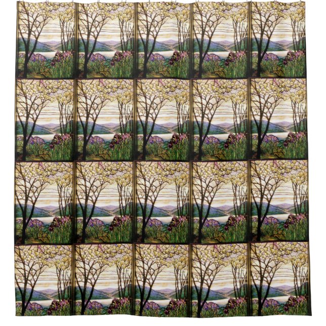 Kunst Nouveau Tiffany beflecktes Glas-Iris-Blumen Duschvorhang (Vorderseite)