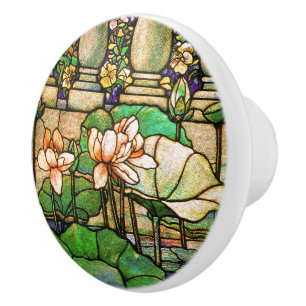 Kunst Nouveau Tiffany Buntglas-Lotus-Griff Keramikknauf